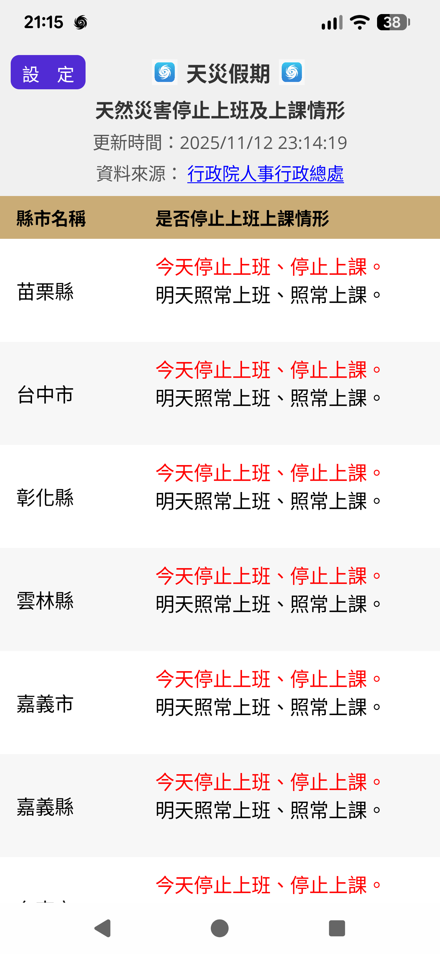 颱風假 停班停課 查詢，天然災害停止上班及上課情形 發布查詢